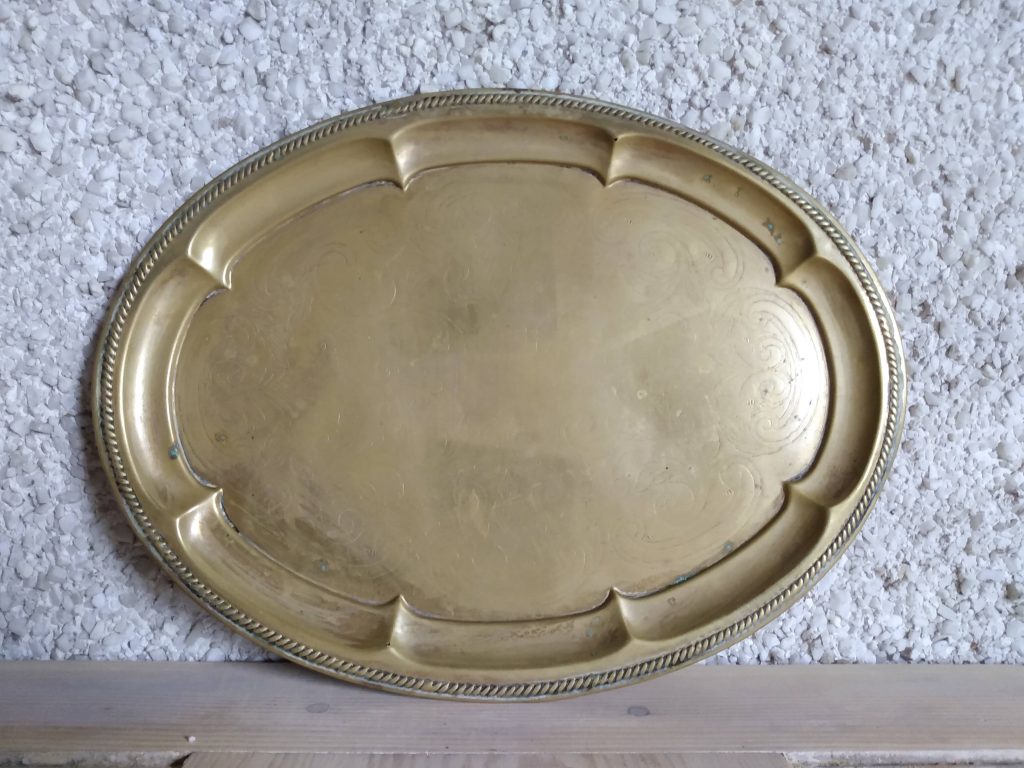 Round brass tray by a Hopeful Home webshop for rustic vintage homeware.